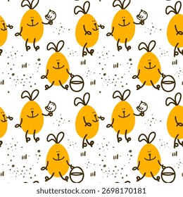 A seamless pattern with cute egg-shaped bunnies. They appear in various poses and movements. One is sitting with a basket in his hands. Another is holding a bird. The background is white with decorati