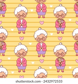Seamless pattern with cute elderly woman with bouquet on yellow striped background with hearts. Festive Grandmother kawaii character. Vector illustration in cartoon flat style