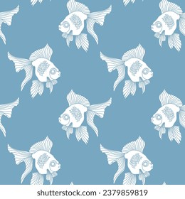 Seamless pattern, cute elegant fish on blue water background. Print, background, vector