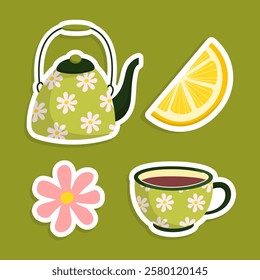 Seamless pattern with cute elements: teapot, tea cup, mint, lemon, chamomile. Vector illustration with ceramic tableware