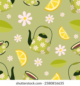 Seamless pattern with cute elements: teapot, tea cup, mint, lemon, chamomile. Vector illustration with ceramic tableware