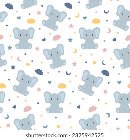 Seamless pattern with a cute elephant. Baby decor elements. Nice trendy colors. Stars, moon, cloud, hearts, circles. Children's room prints, baby showers, notepads, bedding and wallpaper. Vector