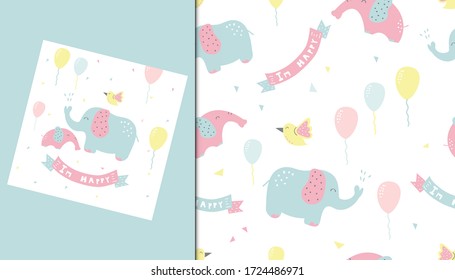 Patrón sin inconvenientes de elefante lindo y diseño de tarjetas para la ducha de bebé