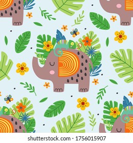 seamless pattern with cute elephant and chameleon  -  vector illustration, eps