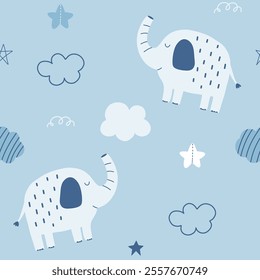 Seamless pattern with cute elephant, cloud and star for your fabric, children textile, apparel, nursery decoration, gift wrap paper, baby's shirt.