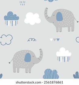 Seamless pattern with cute elephant, cloud and rain for your fabric, children textile, apparel, nursery decoration, gift wrap paper, baby's shirt.	