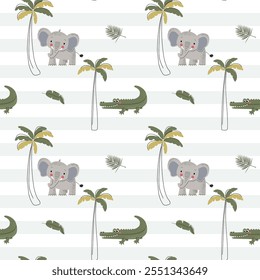 Seamless pattern with cute elephant and crocodile. Childish jungle background. Baby alligator wallpaper.