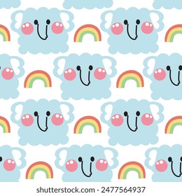 Patrón sin fisuras de elefante lindo en forma curva dibujado a mano con fondo de arco iris.Face.Head.Cartoon diseño de personaje de animal salvaje.Imagen para tarjeta, póster, ropa de bebé.Kawaii.Vector.Illustración