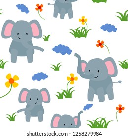 Seamless pattern cute elephant eat grass and flower. Creative childish texture for fabric, textile fashion