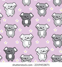 Seamless pattern of cute elephant with flower on pastel background.Wild animal character cartoon design.Baby clothing.Kawaii.Vector.Illustration.