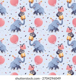 Seamless pattern with cute elephant and gift boxes. Birthday concept. Vector illustration for scrapbooking, background, wrapping paper.