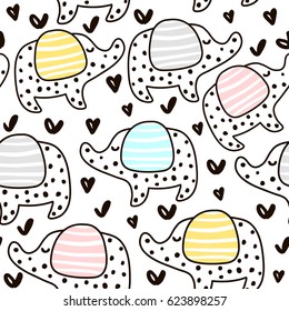 Seamless pattern with cute elephant and hearts in scandinavian style. Creative vector childish background for fabric, textile