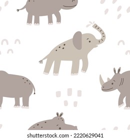 Seamless pattern with cute elephant, hippo and rhino. Vector illustration.