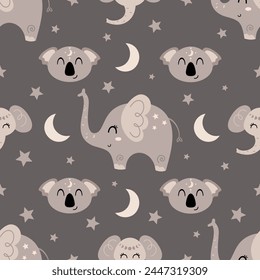 Seamless pattern with cute elephant, koala face, moon and stars. Adorable animal pattern perfect for scrapbook paper, decor, background, fabric, print. Hand drawn vector design