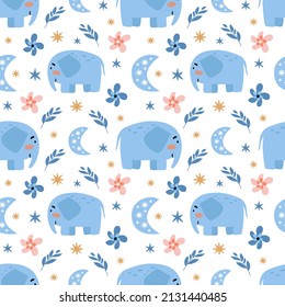 Seamless pattern with cute elephant, moon and flowers. Vector graphic on a white background. Hand drawing for cover design  phone cases,  t-shirt pillow prints, wrapping paper.