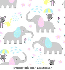 Seamless pattern with cute elephant and mouse. Creative childish texture. Great for fabric, textile Vector Illustration