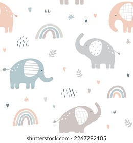 Seamless pattern with cute elephant on white background. Vector illustration in flat style. Can be used for wrapping paper, fabric, textile, wrapping paper, fabric, textile etc.