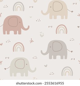 Seamless pattern with cute elephant on brown background. Cartoon animal design. Use for prints, textiles, fabric, wallpaper, stationery, nursery, wrapping paper, etc.