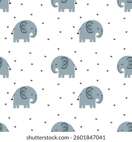 Seamless pattern with cute elephant on white background. Vector illustration in flat style. 