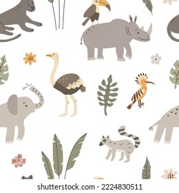 Seamless pattern with cute elephant, rhino, lemur, panther, ostrich, upupa, toucan. Vector illustration of safari animals.