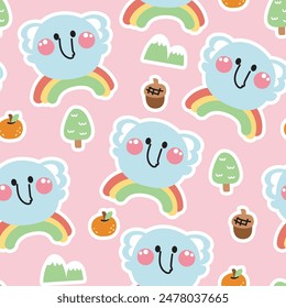 Seamless pattern of cute elephant round shape with rainbow background.Acorn,mountain,tree,orange.Wild animal character cartoon.Image for card,t shirt print screen,baby clothing.Kawaii.Illustration