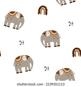 Seamless pattern of cute elephant in scandinavian style in warm colors. vector illustration