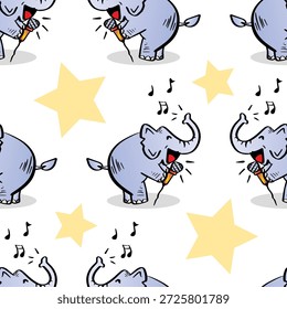 Padrão perfeito com elefante bonito cantando uma música. Ilustração vetorial.