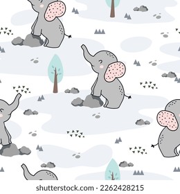 Seamless pattern with cute elephants. Animal seamless background, cute vector texture for kids apparel, fabric, wallpaper, wrapping paper, textile, t-shirt print