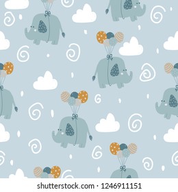 Seamless pattern with cute elephants with balloons in Scandinavian style. Suitable for printing on fabric, baby clothes, paper.