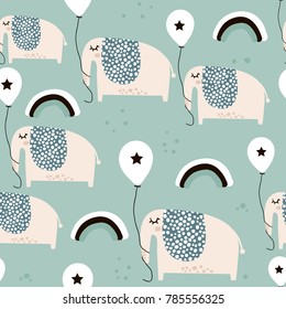 Seamless pattern with cute elephants with balloons in scandinavian style. Creative vector childish background for kids fabric, textile,wrapping, apparel