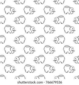 Seamless pattern of cute elephants. Black and white. Elephants in simple flat outline style. Vector illustration in eps 10.