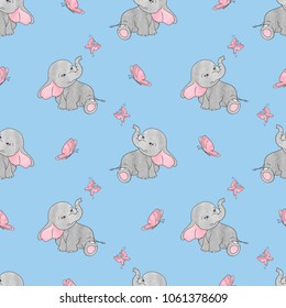 Seamless pattern with cute elephants and butterflies on blue. Vector background for kids design.