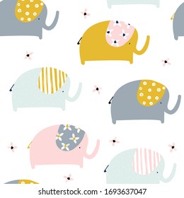 Seamless pattern with cute elephants. Childish print. Vector hand drawn illustration.