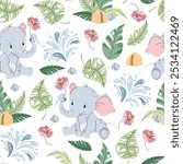 Seamless pattern with cute elephants in flat style. Repeating background with African animals and tropical plants. Childish illustration for fabric, wallpaper, wrapping paper, scrapbooking etc.