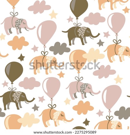 Seamless pattern with cute elephants flying in the sky by helium balloons