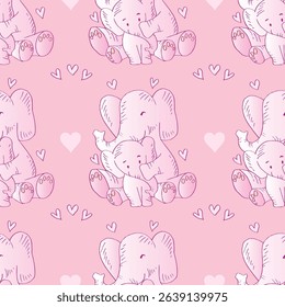 Seamless pattern with cute elephants and hearts. Pink background. Vector illustration.