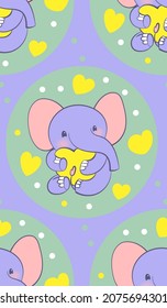 Seamless pattern with cute elephants in kawaii style. Vector
