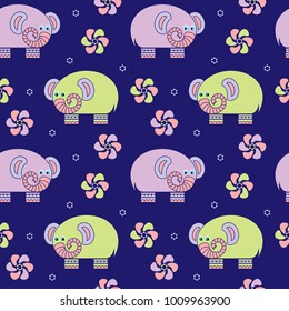 Seamless pattern with cute elephants on dark background. Childrens style. Vector illustration.