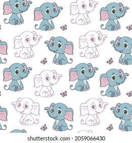 Seamless pattern with cute elephants on a white background. Black linen and colored baby elephant. Vector illustration of a cartoon character in flat style. Children s print for textiles