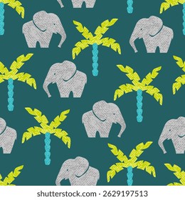 Seamless pattern with cute elephants and palm trees