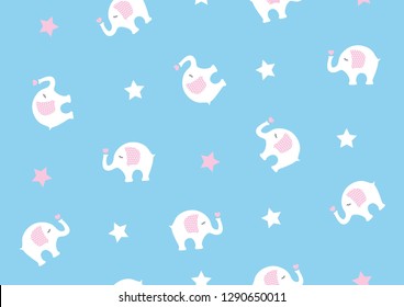 Seamless pattern of cute elephants with stars for wallpaper, cover, card and poster designs; interior decorations of baby rooms; textile and fabric prints