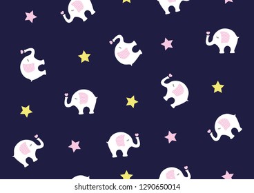 Seamless pattern of cute elephants with stars for wallpaper, cover, card and poster designs; interior decorations of baby rooms; textile and fabric prints
