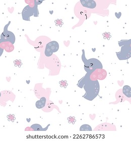 Seamless pattern with cute elephants. Vector childish illustration. Design for kids apparel, fabric, wallpaper, cards, wrapping