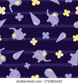 Seamless pattern cute elephants, water drops and flowers repeat endless striped background cover texture for textile, wrapping paper, carpets, wallpapers, clothing, curtains, linens, fabric prints