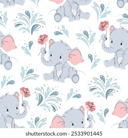 Seamless pattern with cute elephants and water splashes in flat style. Repeating background with African animals. Children's illustration for fabric, wallpaper, wrapping paper, scrapbooking, etc.