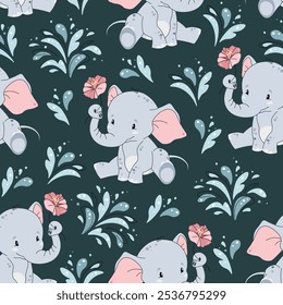 Seamless pattern with cute elephants and water splashes in flat style. Repeating background with African animals. Children's illustration for fabric, wallpaper, wrapping paper, scrapbooking, etc.