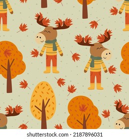 seamless pattern with cute elk and autumn leaves