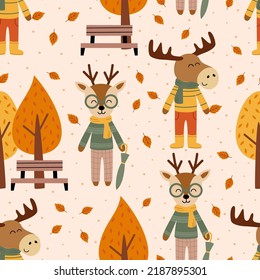 seamless pattern with cute elk and deer in the park