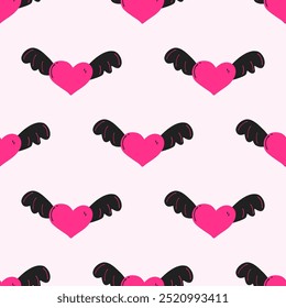 Seamless pattern in cute emo style. Bold and edgy Y2K print. Pink hearts and black wings. Perfect for Valentine's Day designs or alternative fashion.