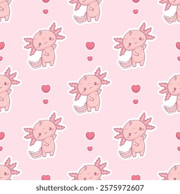 Seamless pattern with cute enamored Axolotl animal on light  pink background with heart. Funny Little cartoon kawaii character. Vector illustration. Romantic valentine backdrop